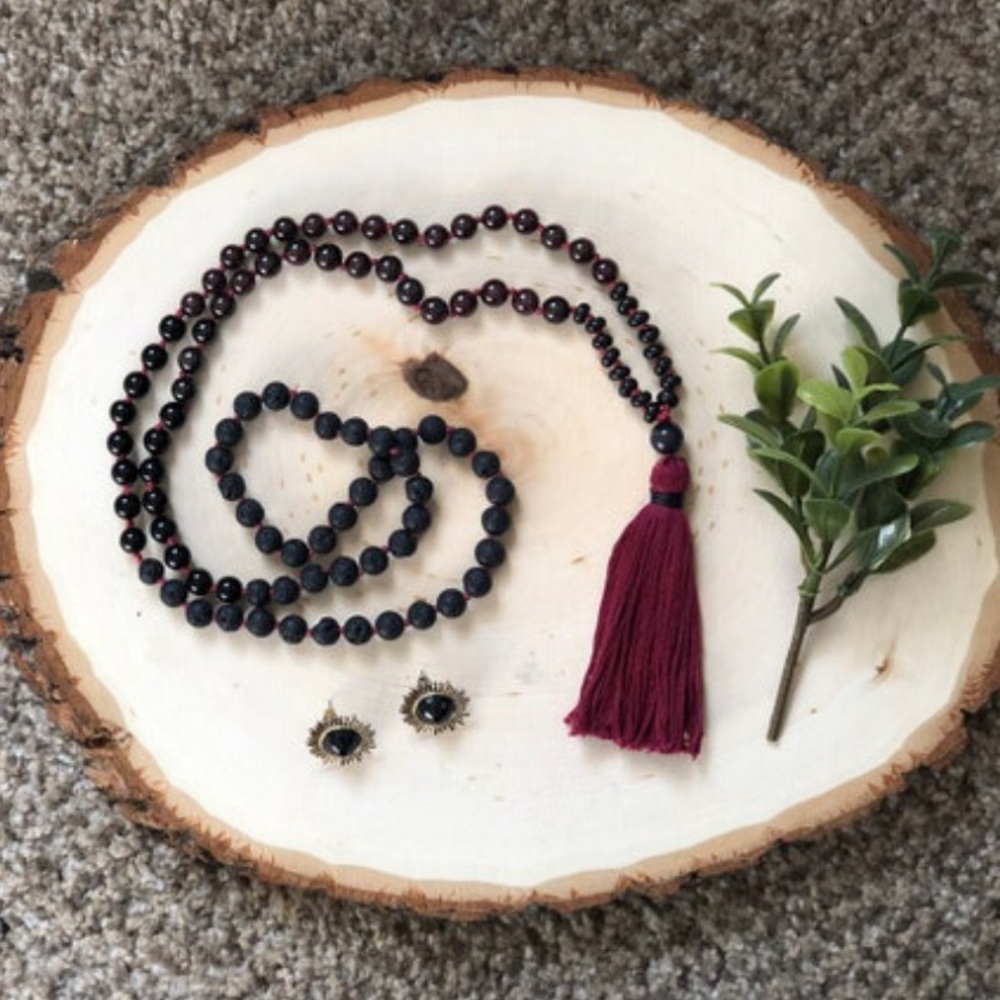 Red & Black Garnet, Lava, Cats Eye Mala Necklace